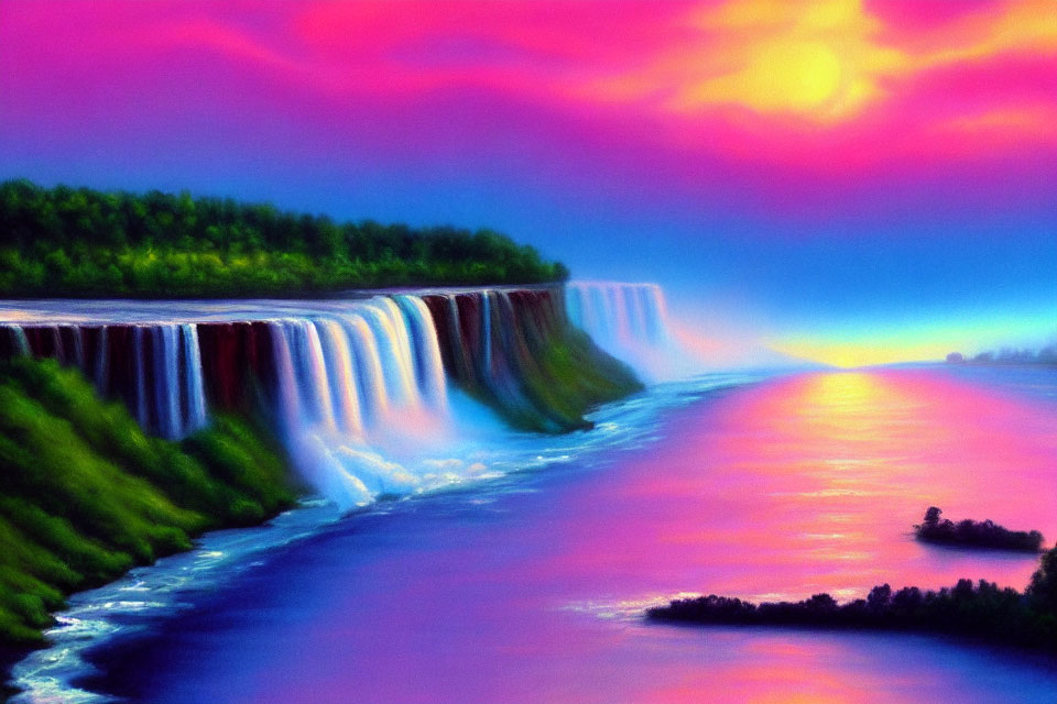 Scenic painting: waterfall, greenery, sunset sky, river.