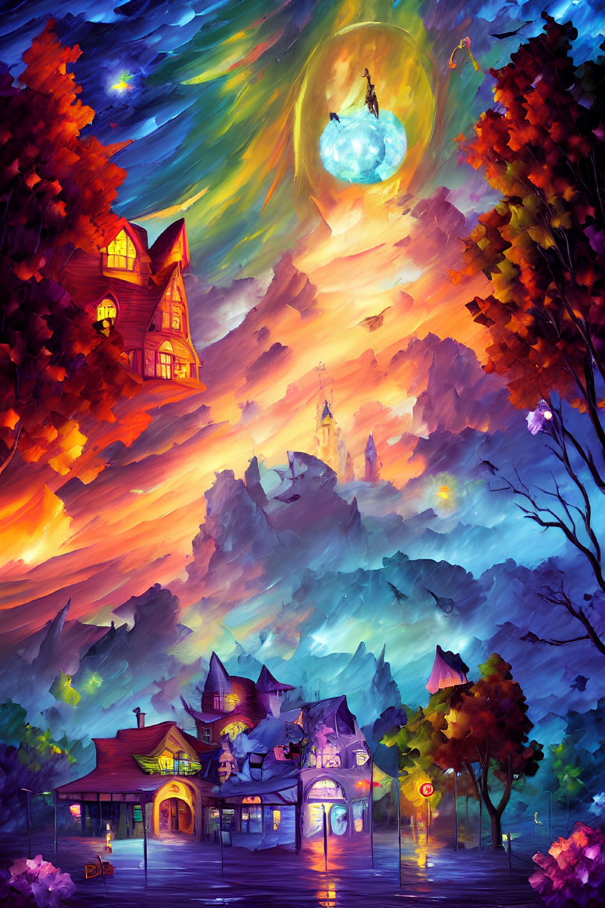 Colorful village painting with luminous moon and magical atmosphere