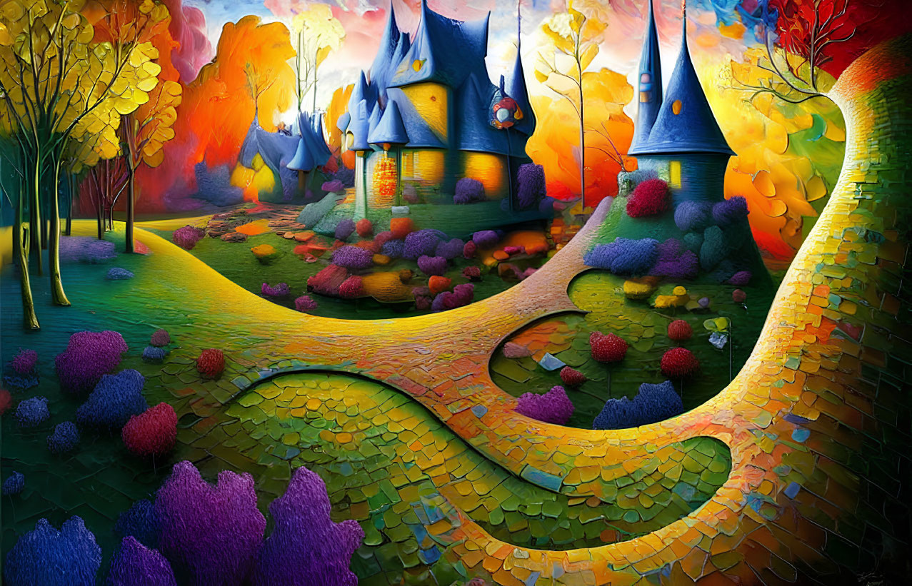 Colorful fantasy landscape with winding paths, vibrant flora, and quaint houses under dramatic sky