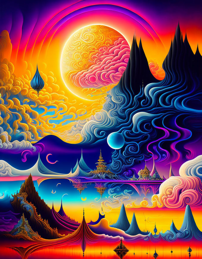 Colorful Psychedelic Landscape with Sun, Pagodas, Mountains, and Waves