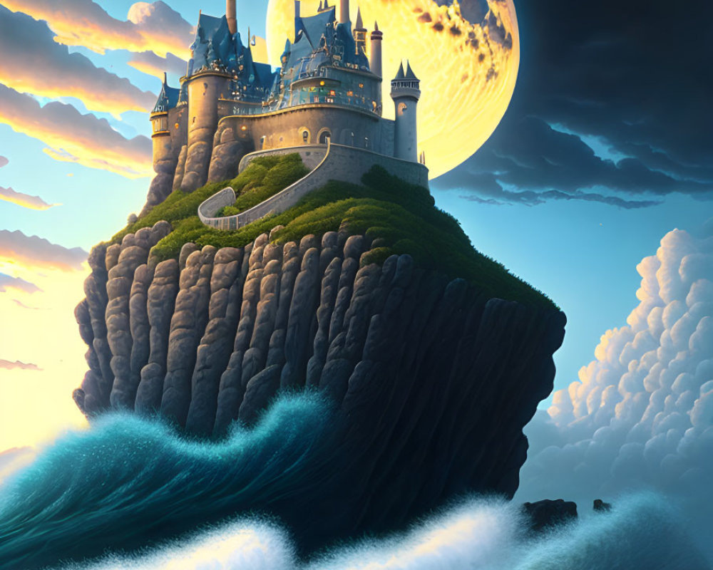 Castle on Cliff at Twilight with Moonlit Waves