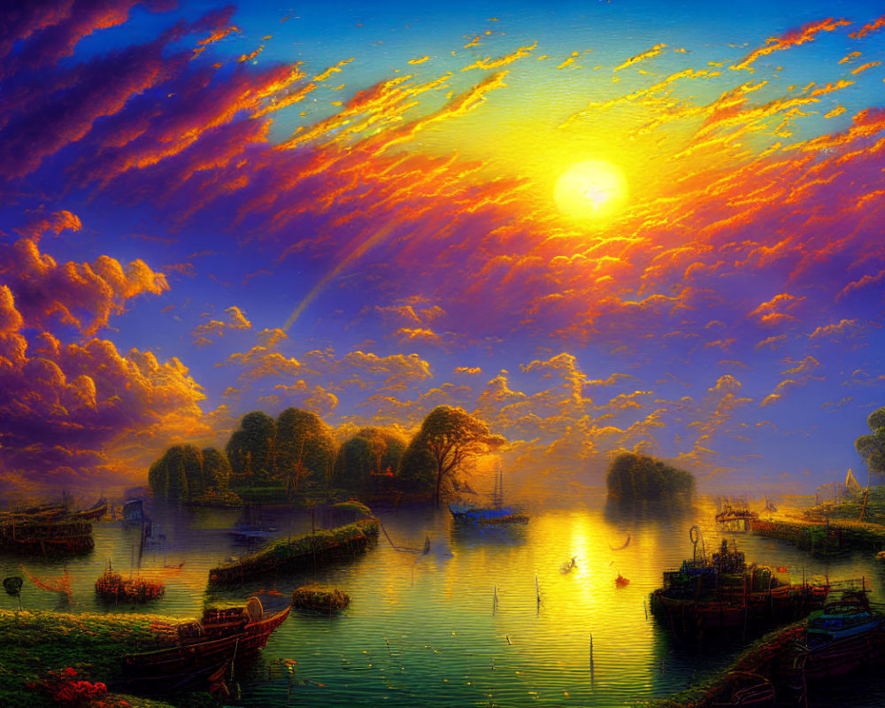 Colorful sunset river scene with boats and trees reflected in water