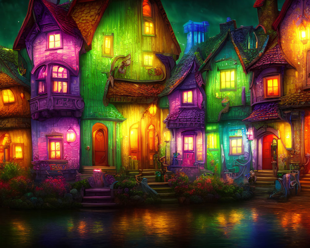 Colorful illuminated fantasy street scene at night with whimsical houses and magical atmosphere