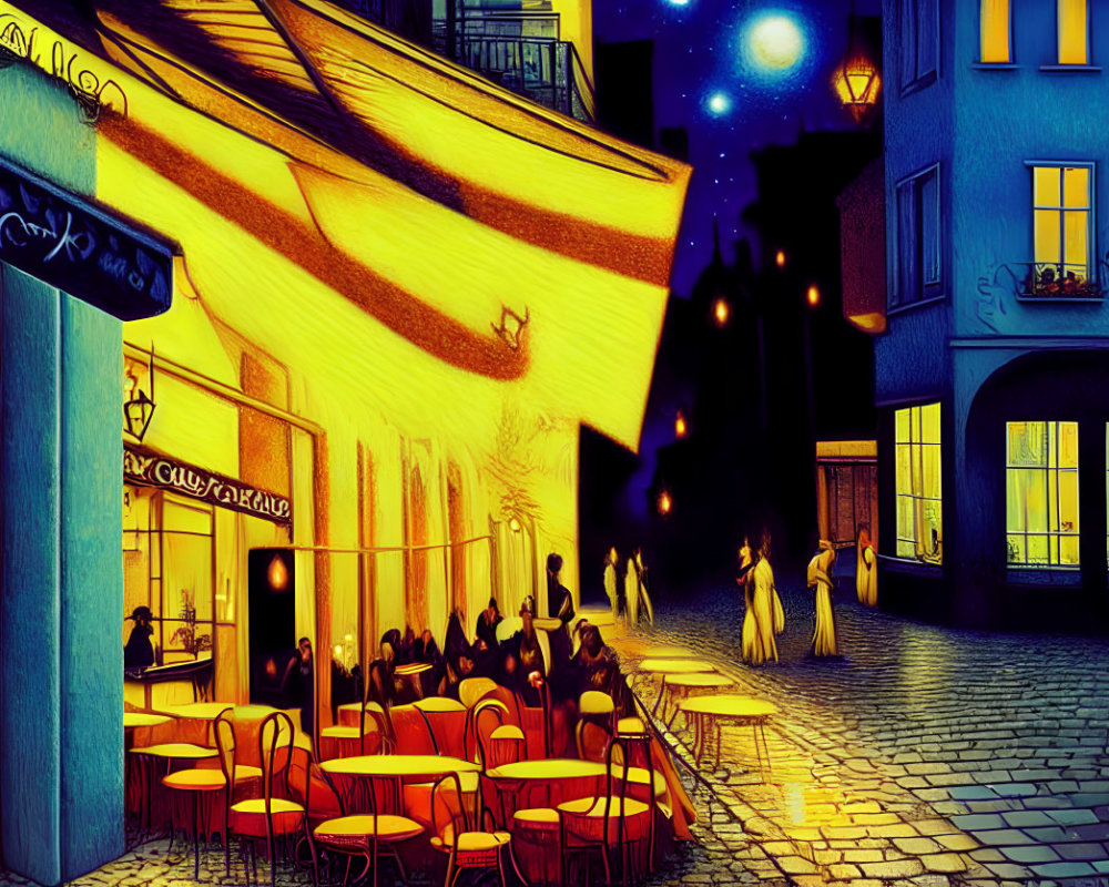 Vibrant night street scene with cafe, people, and illuminated buildings