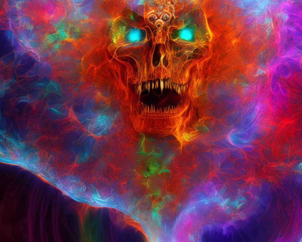 Colorful digital artwork: Skull with glowing blue eyes in fiery fractal swirls