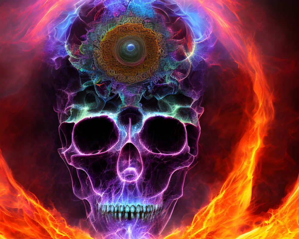 Colorful digital art: Skull engulfed in fiery energy with mystical wheel emitting radiance