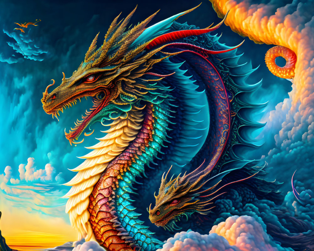 Detailed Dragon Sky Sunset Scene with Coiled Serpent