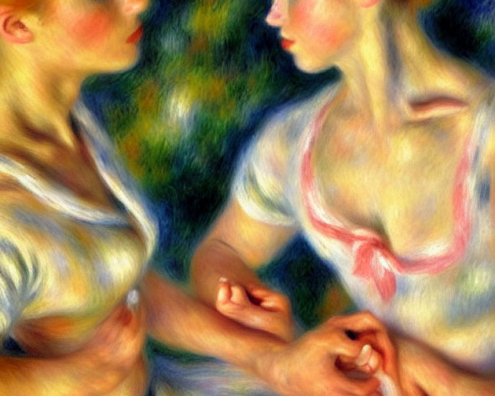 Pastel-colored Impressionist painting of two dancers in dynamic interaction