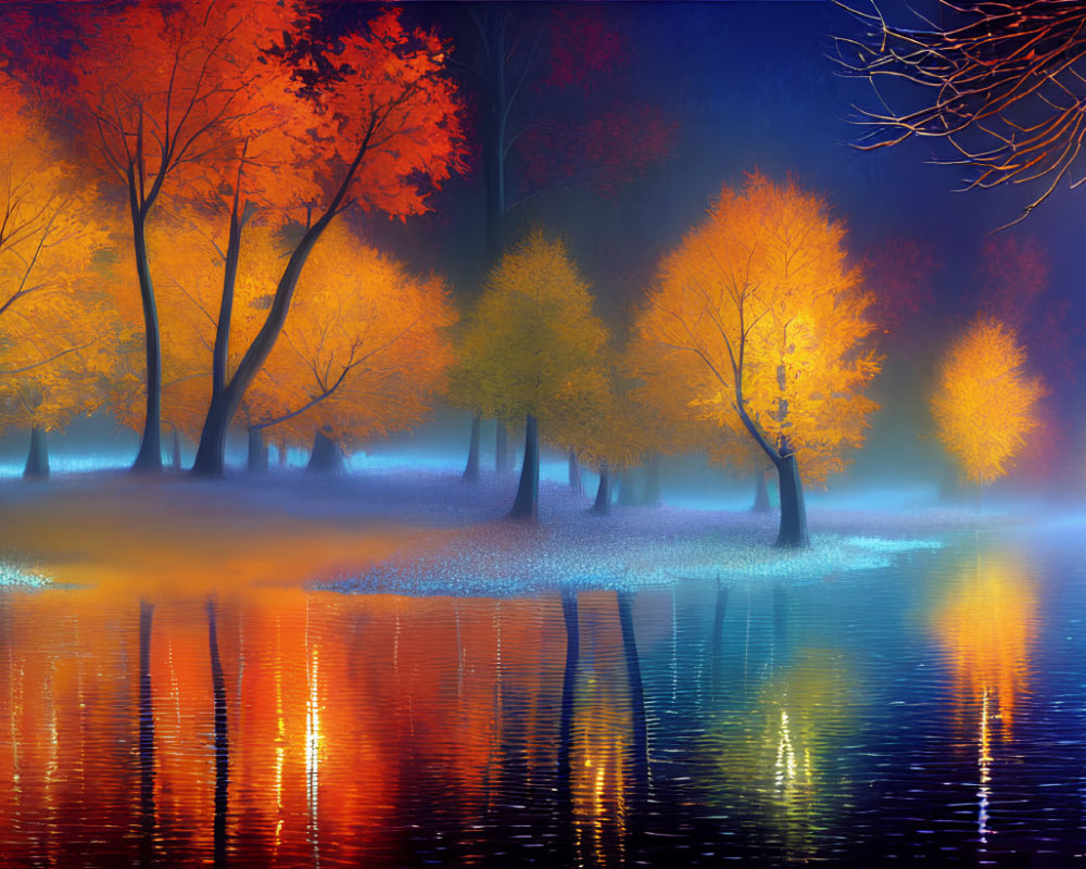 Autumn trees with orange and red leaves reflected in tranquil blue water under mystical foggy sky