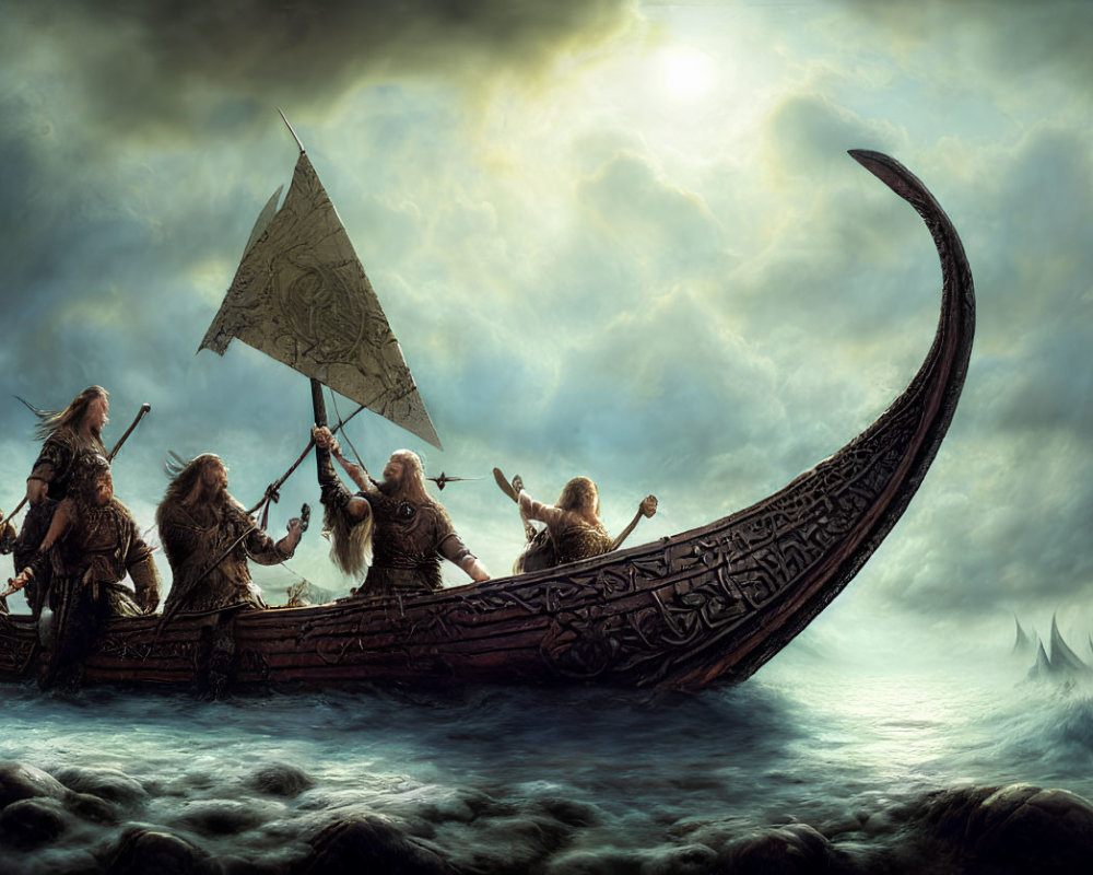 Vikings on longboat with raised axes in stormy seas