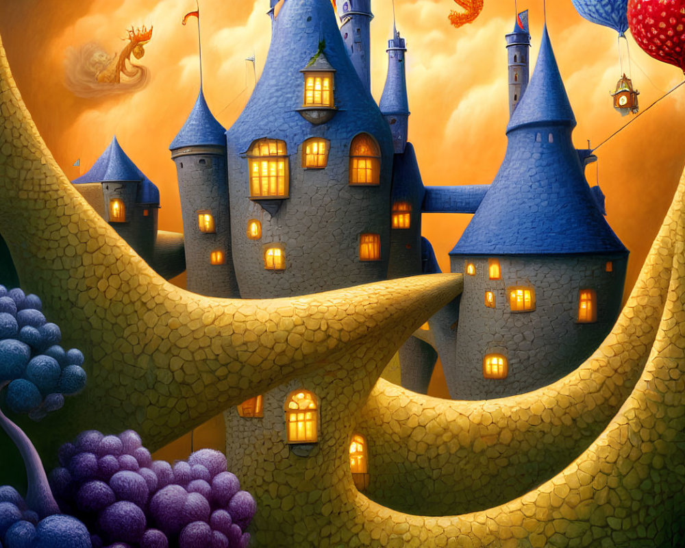 Whimsical castle with blue roofs in fantasy landscape