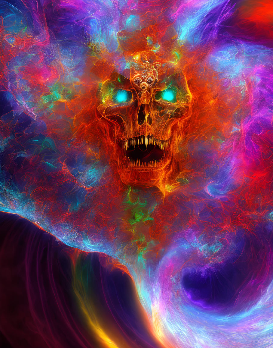 Colorful digital artwork: Skull with glowing blue eyes in fiery fractal swirls