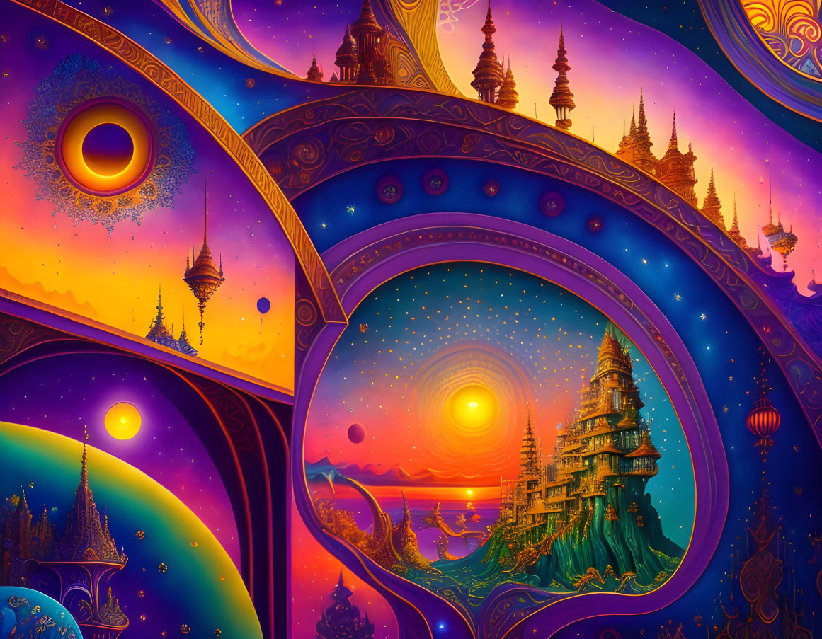 Surreal landscape with ornate buildings and multiple suns blending day and night