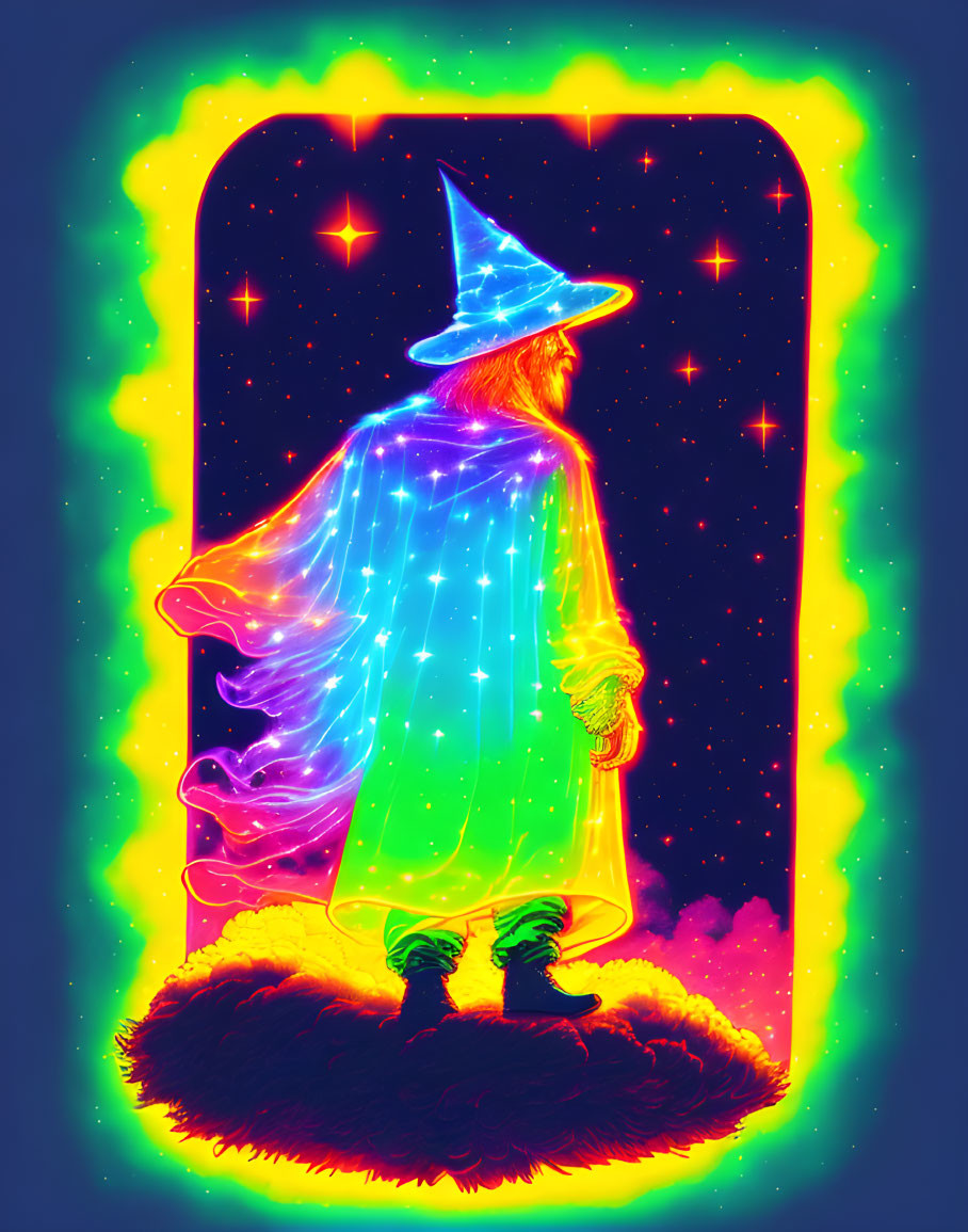 Colorful Wizard Illustration with Magical Aura on Dark Starry Background