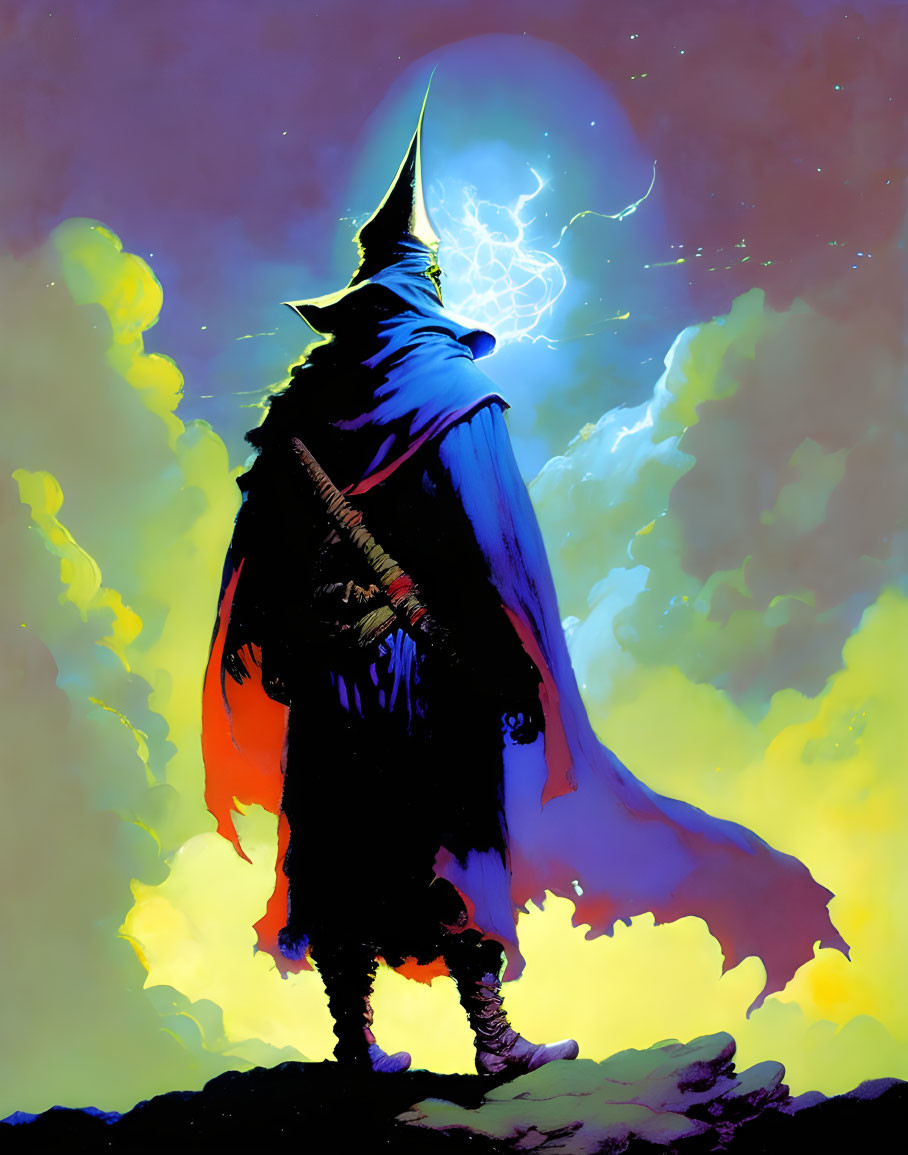 Wizard in blue robe summons magical energy against colorful sky