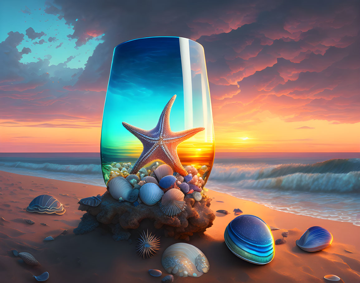Large Glass Ocean Scene with Starfish and Seashells in Vibrant Sunset