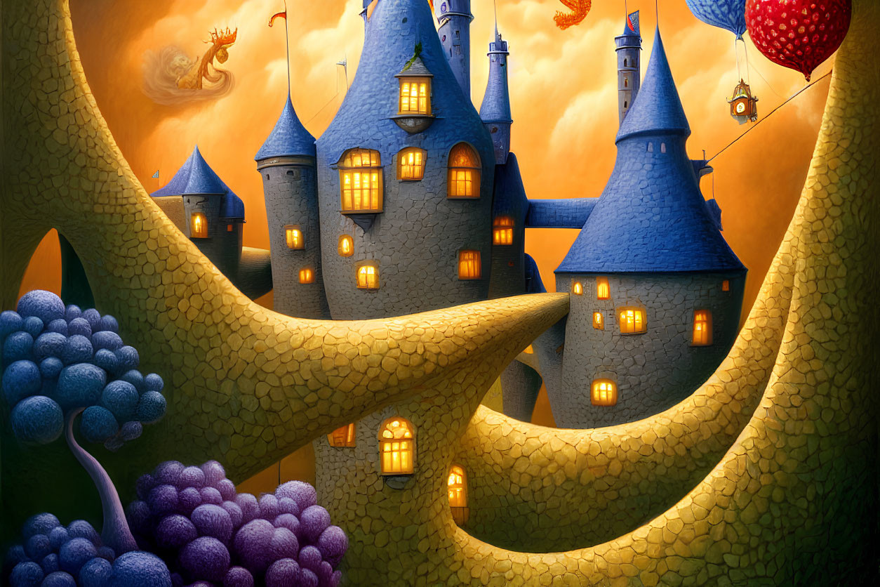 Whimsical castle with blue roofs in fantasy landscape