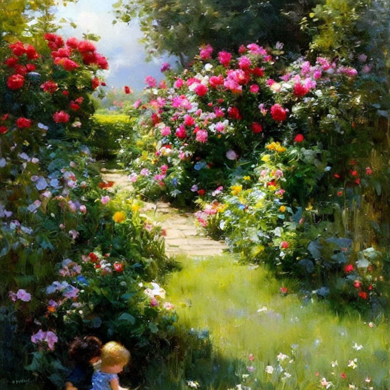Colorful Garden Path with Children and Sunlight