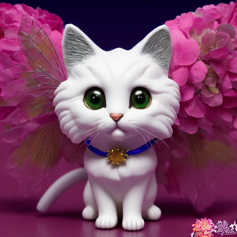 White Cat Figurine with Angelic Wings and Green Eyes Surrounded by Pink Flowers on Purple Background