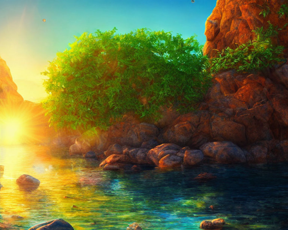 Tranquil Cove Sunset with Foliage-Covered Cliff & Rocks