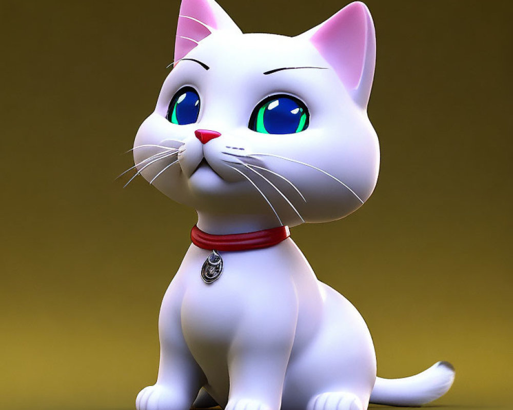 Cartoon White Cat 3D Illustration with Green-Blue Eyes