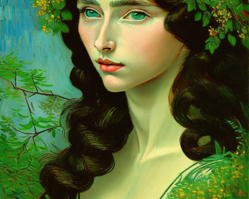 Portrait of a Woman with Blue Eyes and Dark Curly Hair