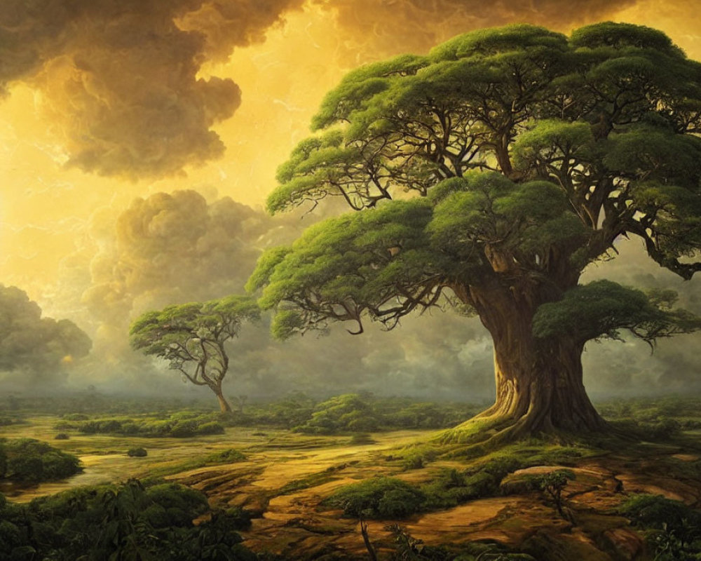 Majestic tree with thick trunk and lush canopy in serene savannah landscape