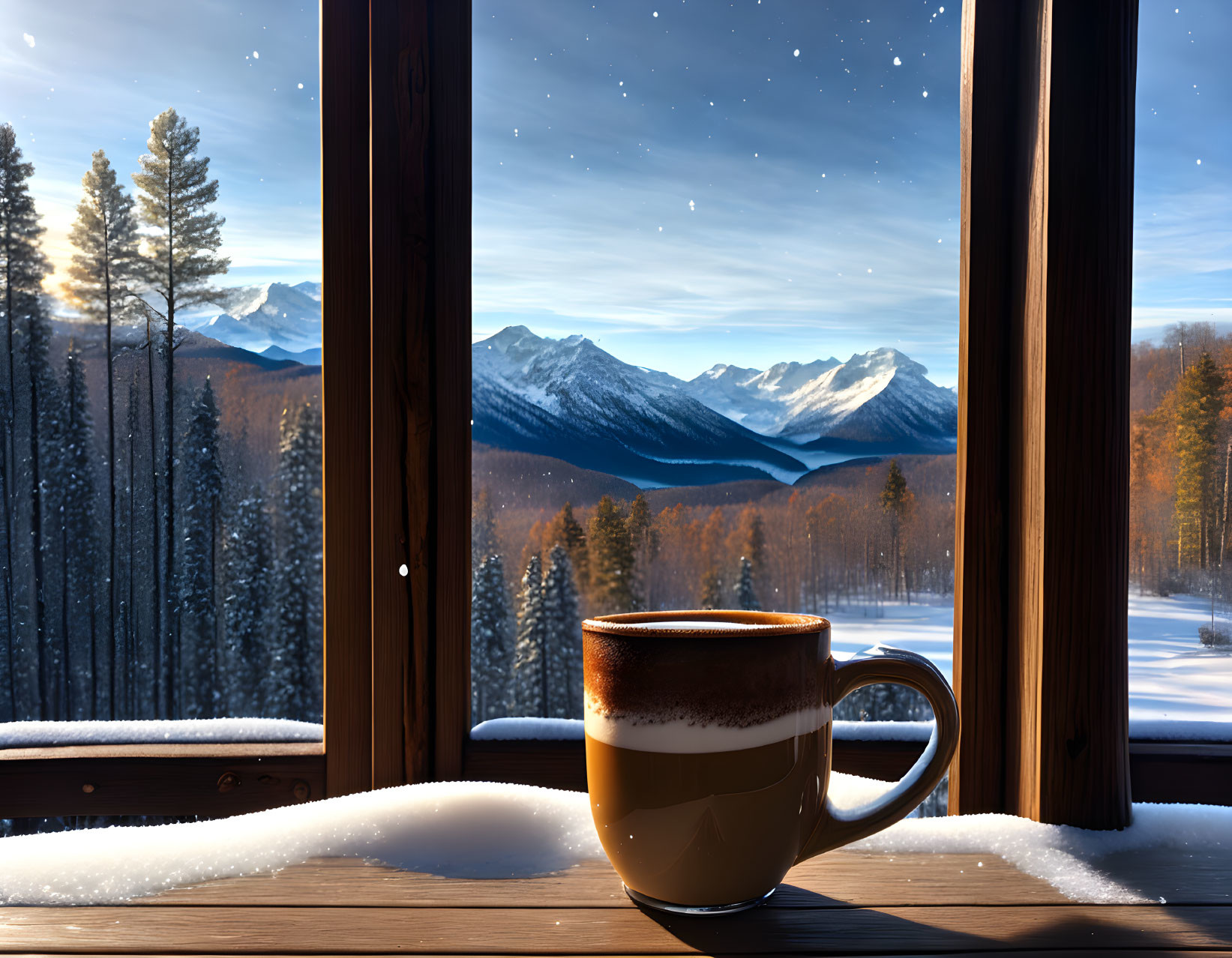Coffee cup on snowy ledge with mountain view from cabin porch at twilight