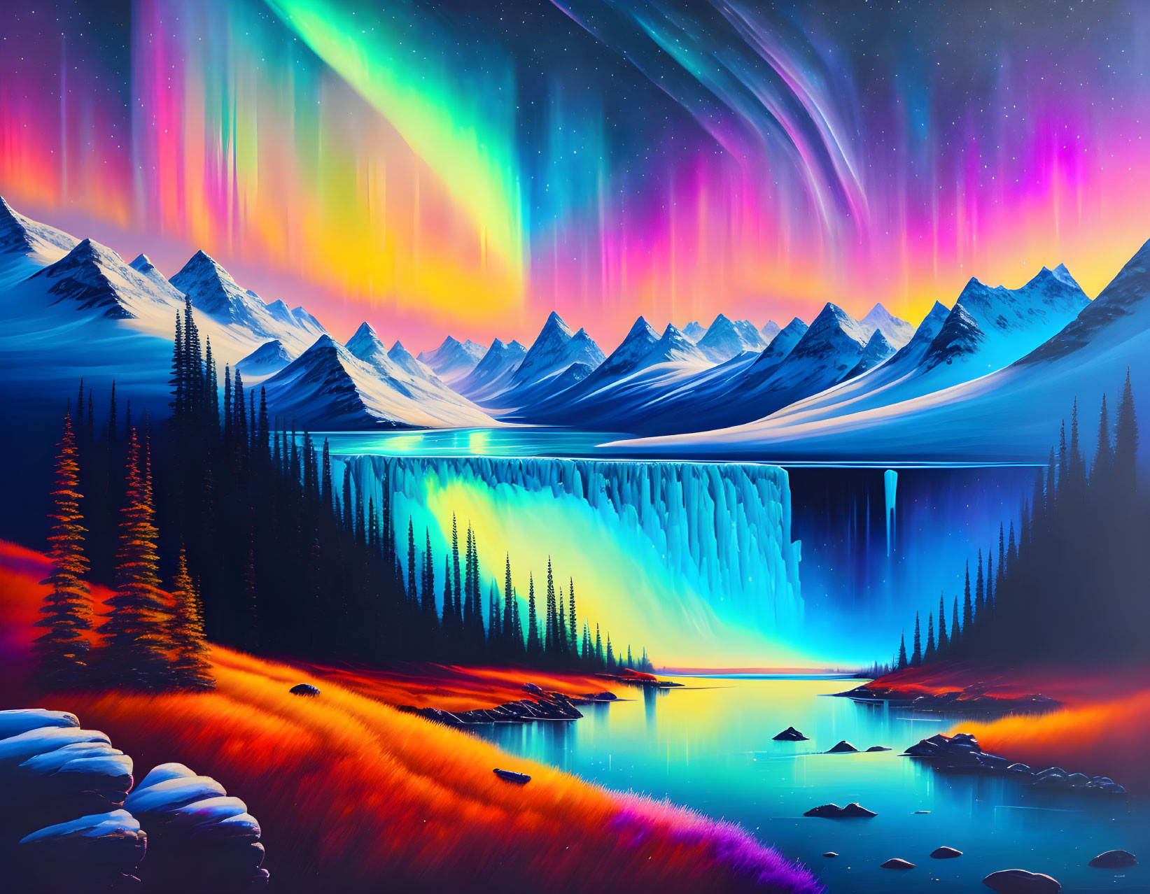 Aurora-filled Sky Over Mountainous Landscape with Waterfall