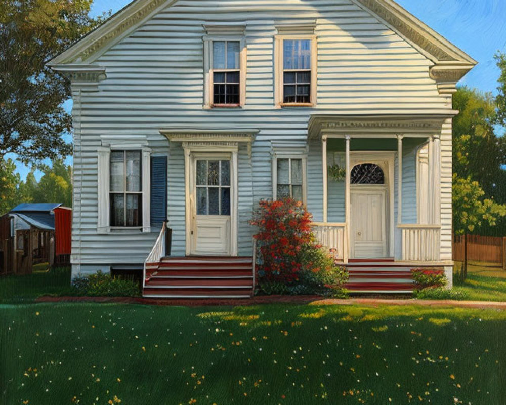 Blue Two-Story House with White Trim, Red Steps, Front Porch, Green Lawn, and