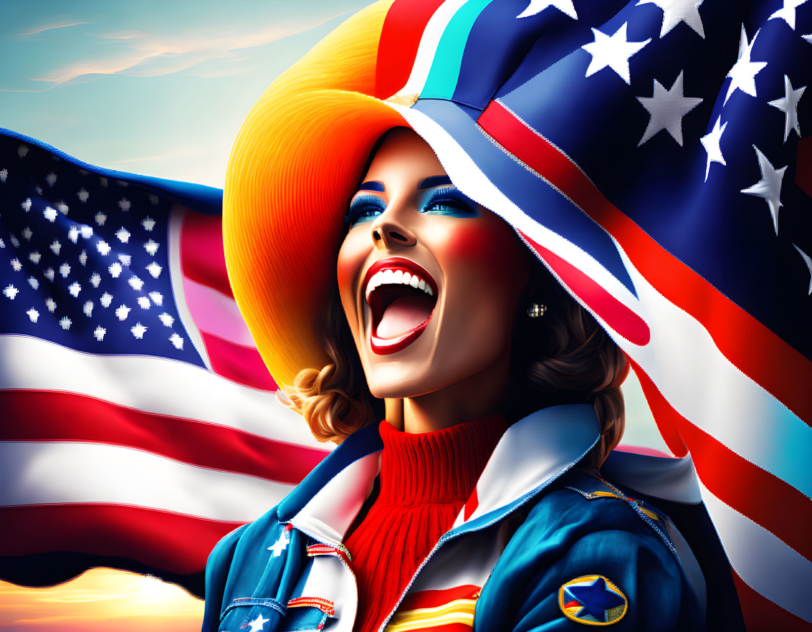Smiling woman in patriotic hat with American flag background
