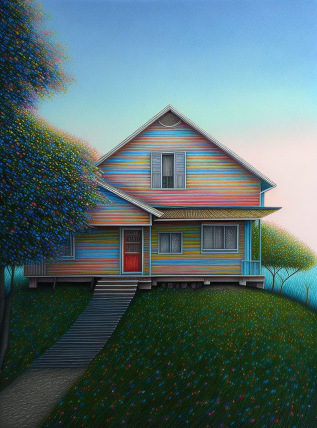 Striped two-story house with red door in lush setting at dusk or dawn
