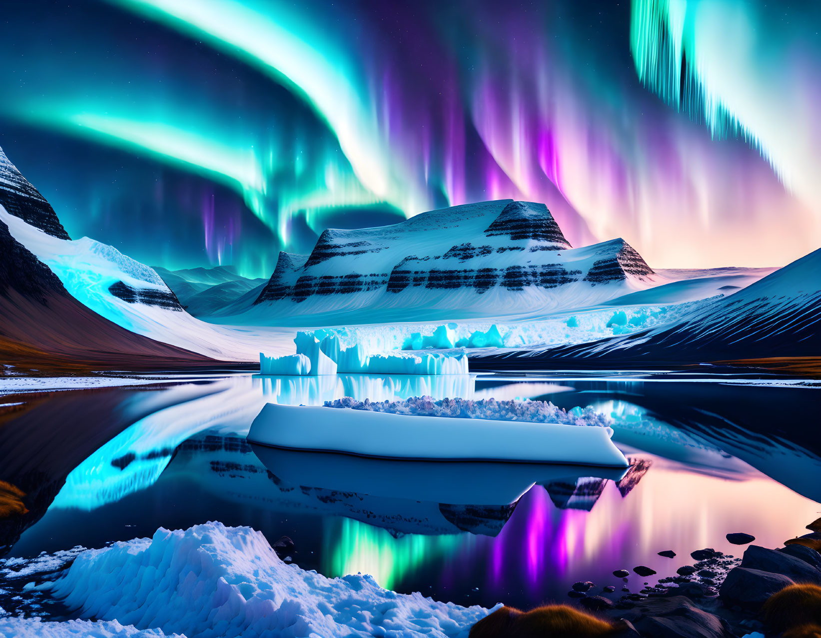 Majestic aurora borealis over snow-covered polar landscape