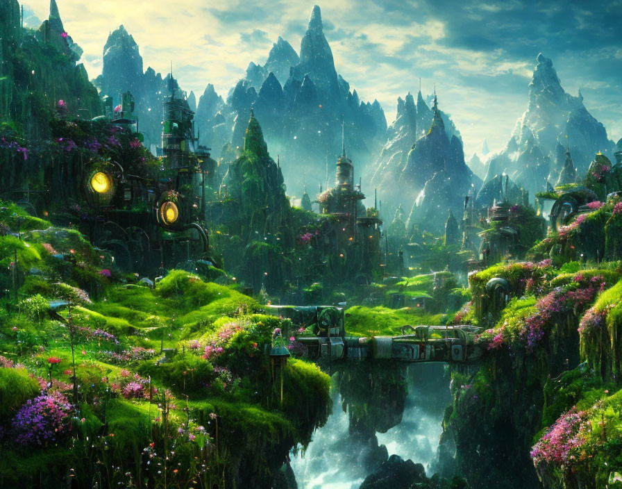Fantasy landscape with mountains, waterfalls, village, and glowing lights