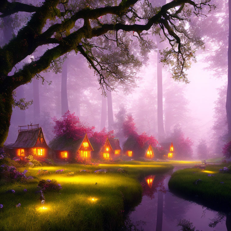 Enchanting twilight scene of thatched cottages in a vibrant purple forest
