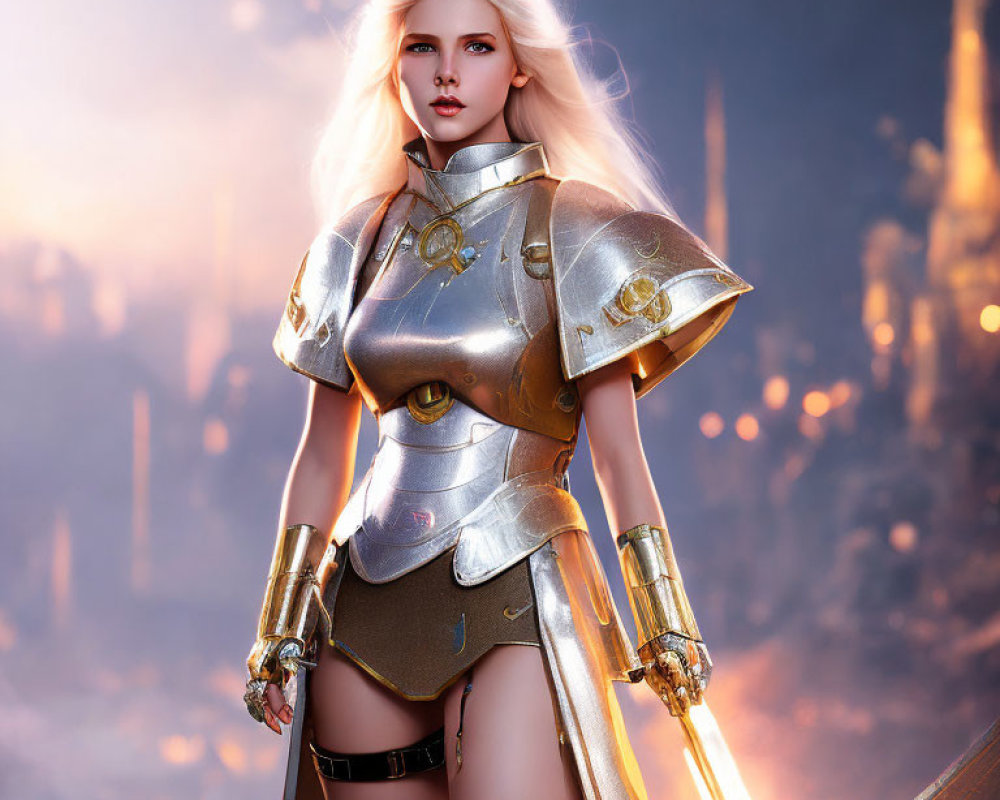 Blonde woman in fantasy armor with glowing sword in mystical cityscape