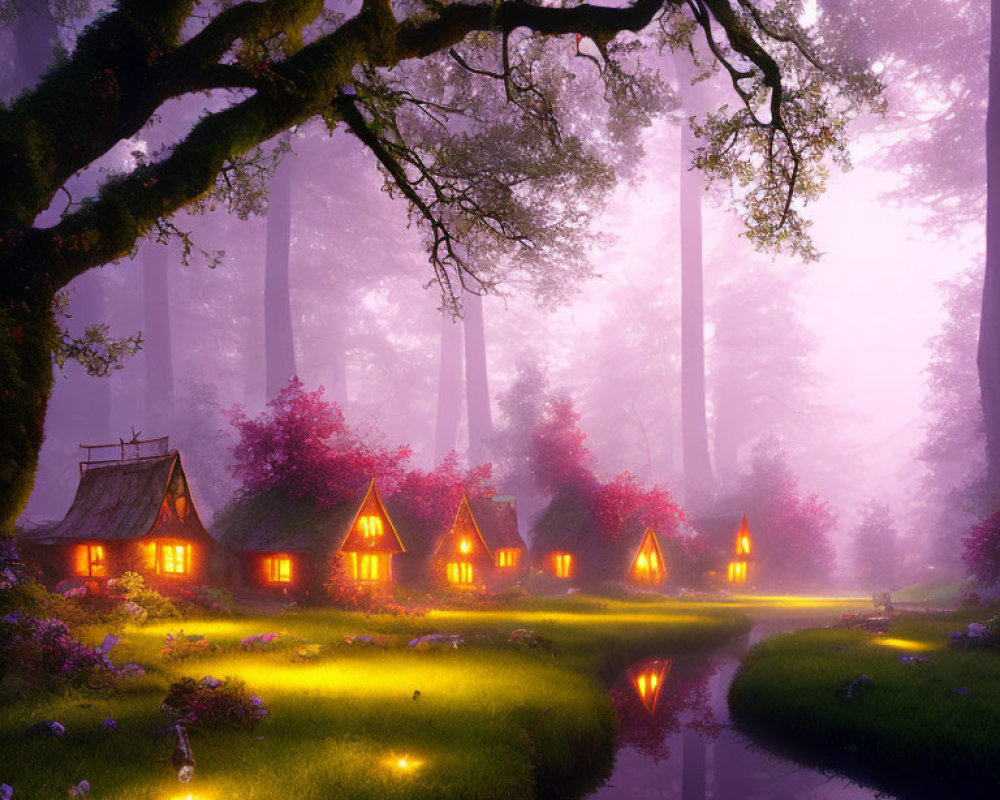 Enchanting twilight scene of thatched cottages in a vibrant purple forest