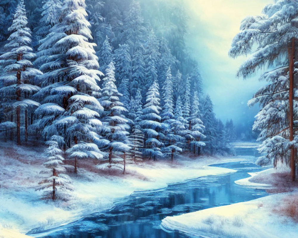 Snow-covered pine trees by frozen river in serene winter landscape