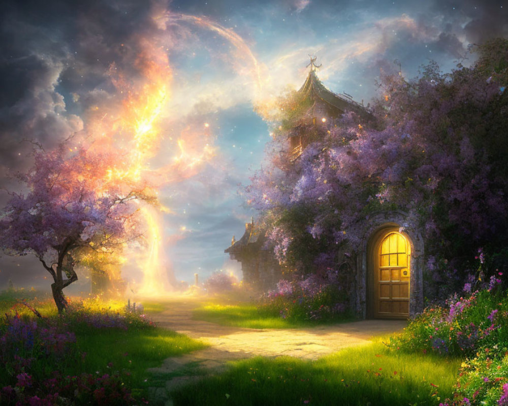 Fantasy Cottage in Purple Tree Grove with Cosmic Sky and Glowing Portal