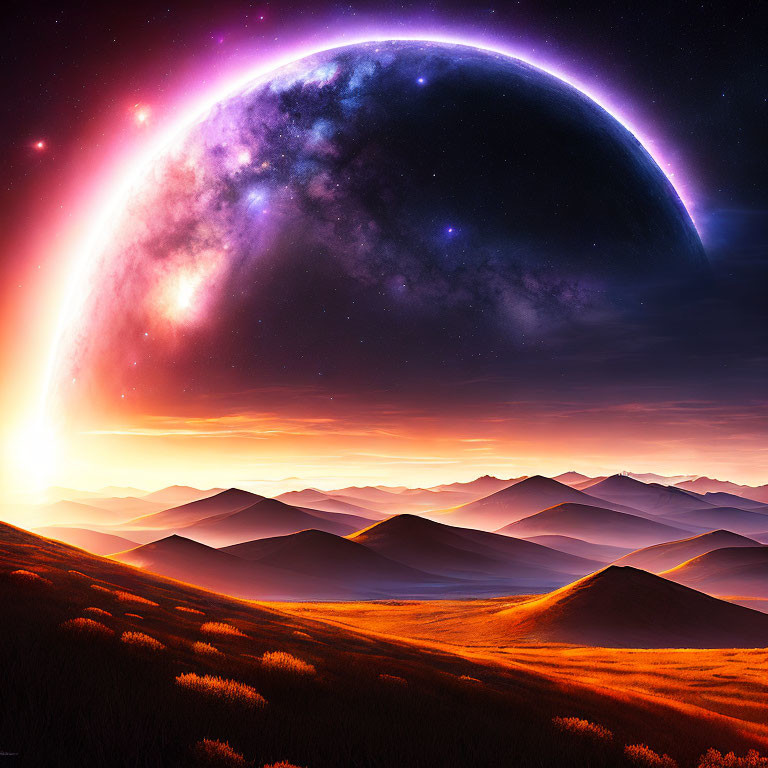 Gigantic planet casting vibrant glow over serene landscape