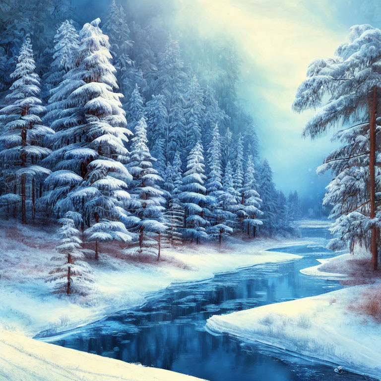 Snow-covered pine trees by frozen river in serene winter landscape
