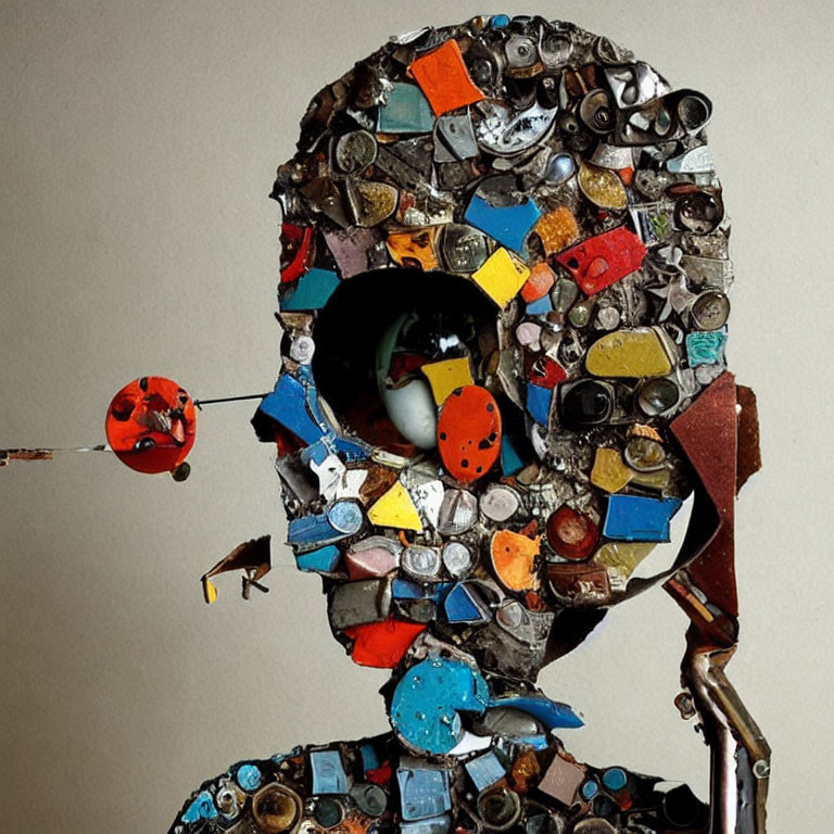 Colorful Recycled Material Sculpture of Human Head