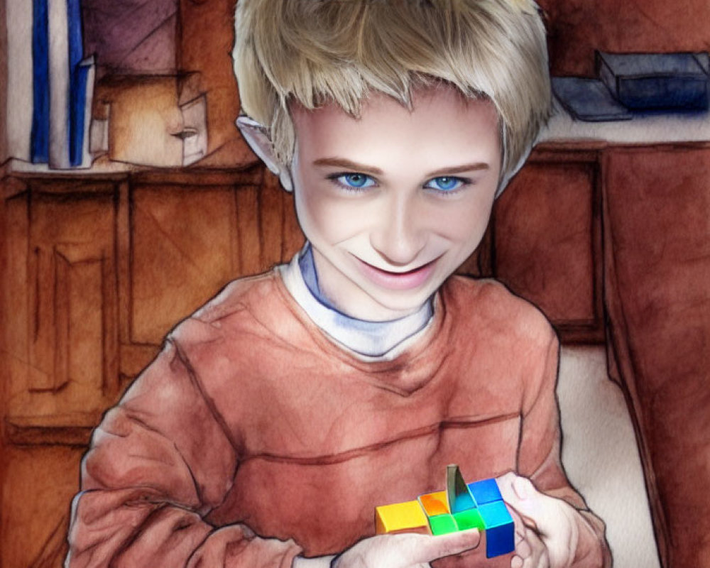 Blond child with Rubik's cube in room with books