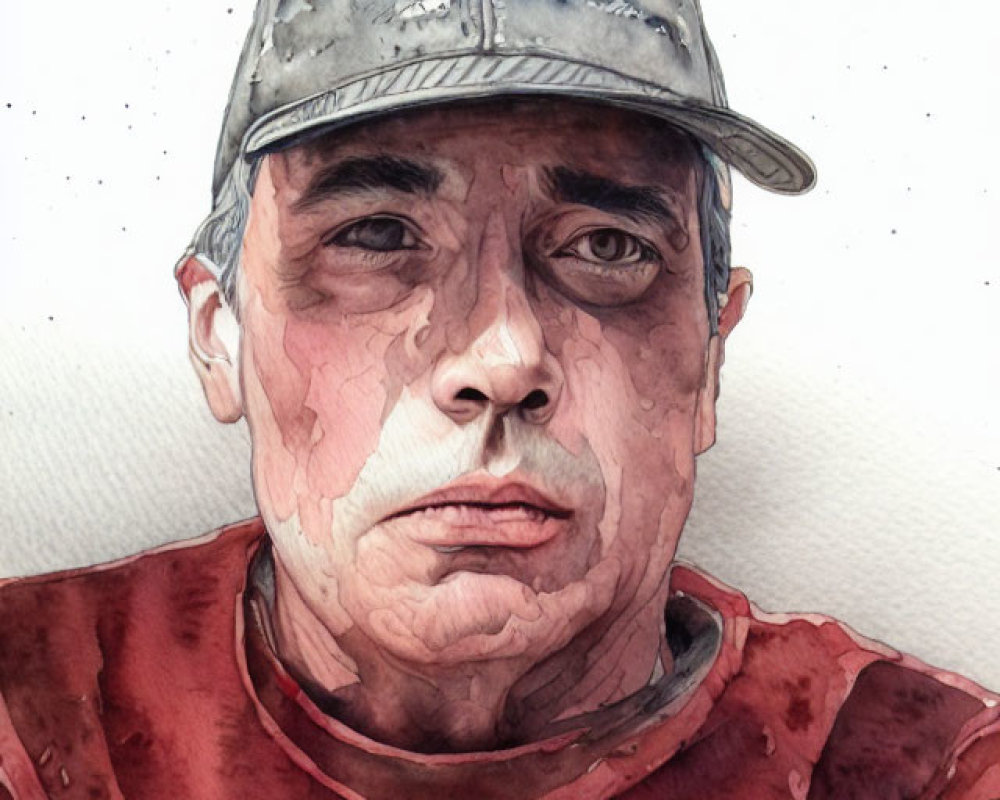 Detailed Watercolor Portrait of Person in Worn-Out Cap and Red Shirt