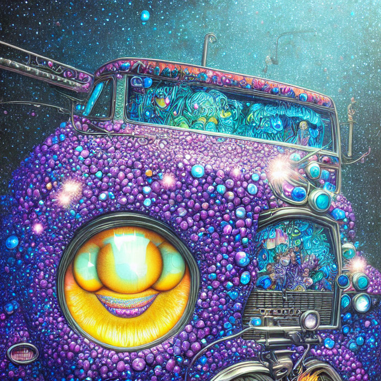 Colorful Whimsical Bus with Eye and Orbs on Starry Night Sky