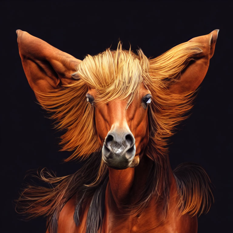 Shiny chestnut horse portrait with flowing blond mane