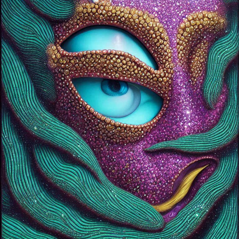 Blue-eyed figure in textured purple mask with green wavy patterns
