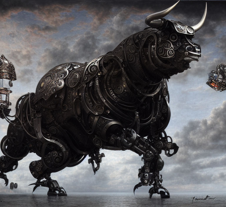 Mechanical bull digital artwork with intricate designs in cloudy sky