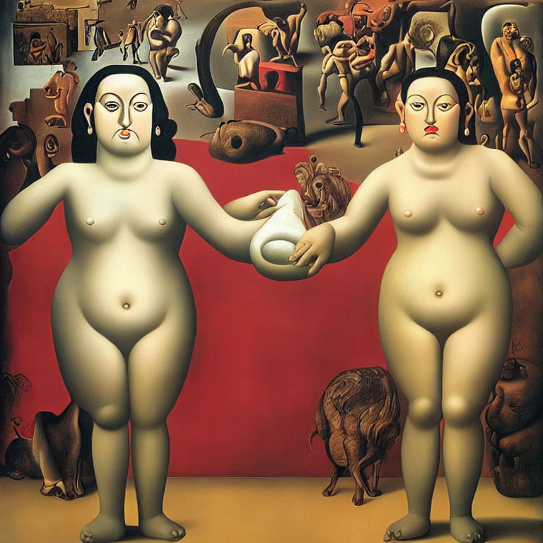 Surrealist painting with nude figures and odd characters