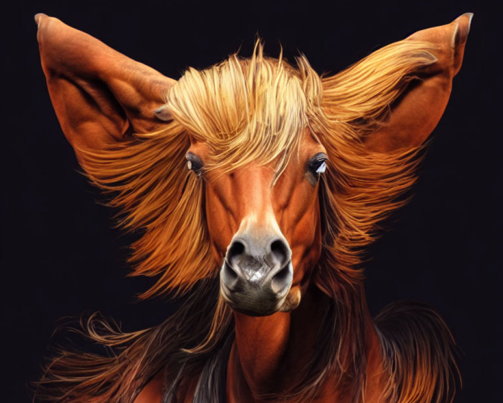 Shiny chestnut horse portrait with flowing blond mane